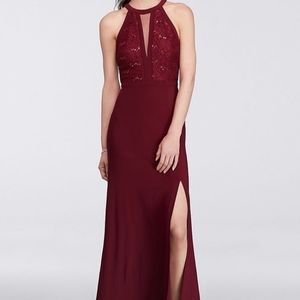 David's Bridal Burgundy Haltar Dress with Lace Bodice Overlay with sequins